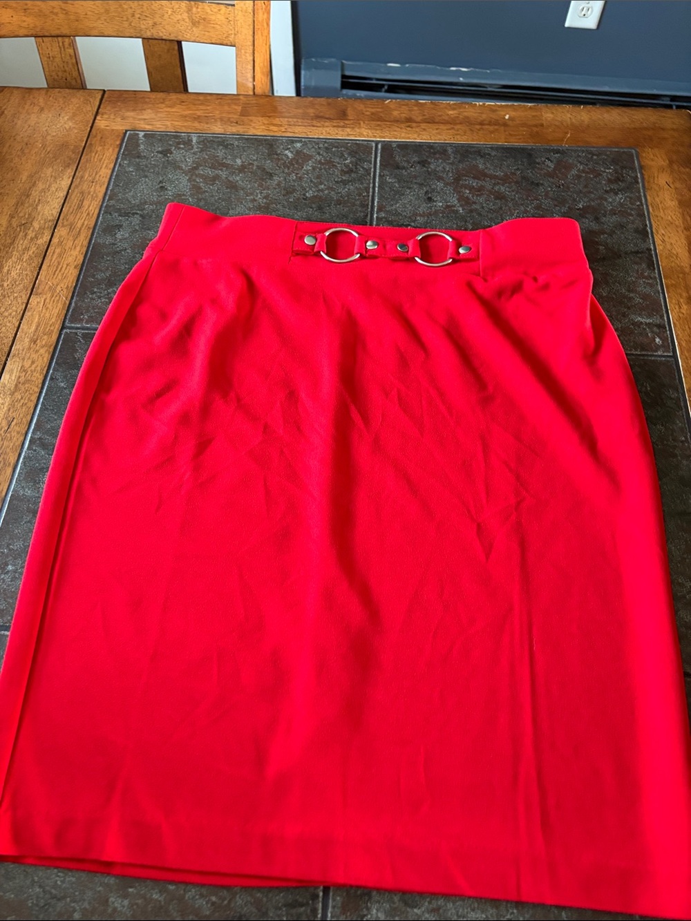 Red High-Waist Pencil Skirt with Decorative Ring Detail